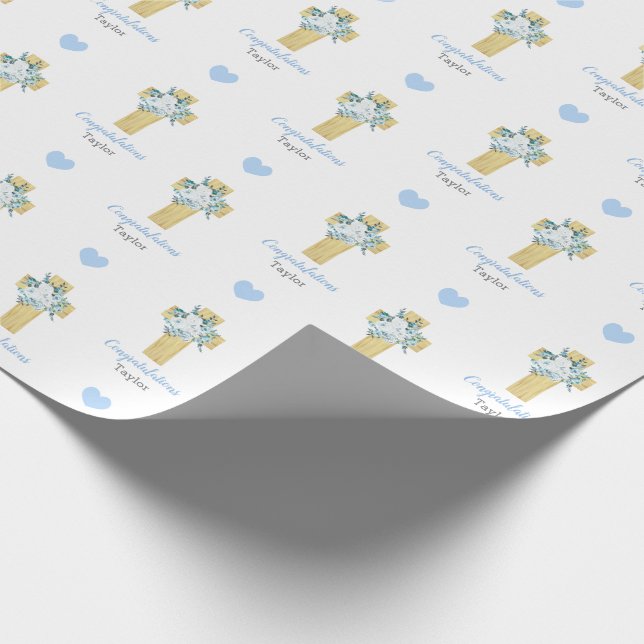 Personalised Blue Cross Boy Baptism Communion Wrapping Paper (Corner)