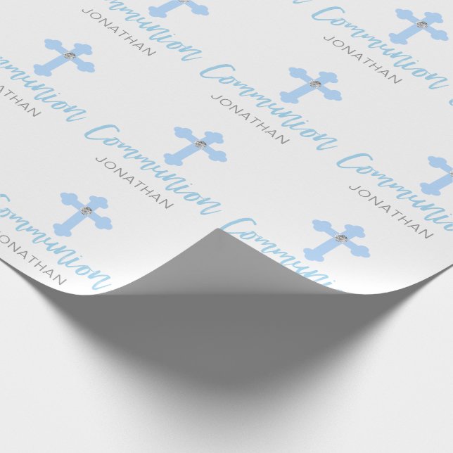 Personalised Blue Cross Boy First Holy Communion Wrapping Paper (Corner)