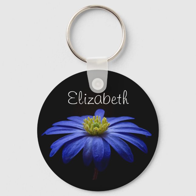 Personalised Blue Daisy Gerbera Flower Key Ring (Front)