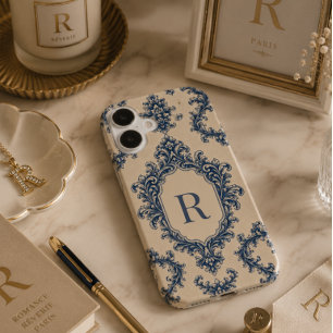 Personalised Blue Damask Monogram iPhone 16 Case