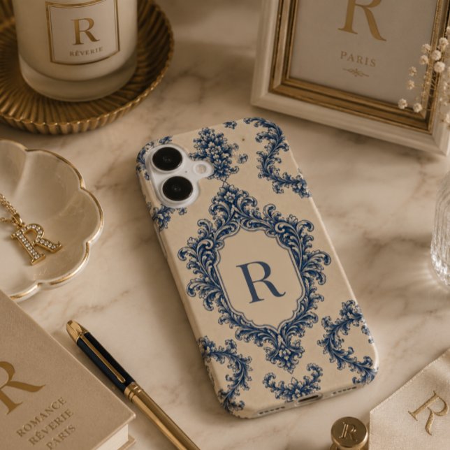 Personalised Blue Damask Monogram Case-Mate iPhone Case (Creator Uploaded)