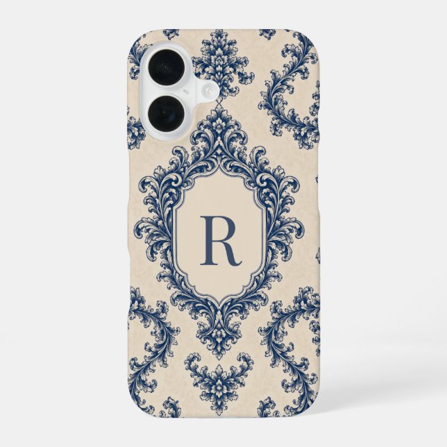Personalised Blue Damask Monogram iPhone 16 Case (Back)