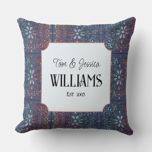Personalised Blue Decorative Tile Cushion (Front)