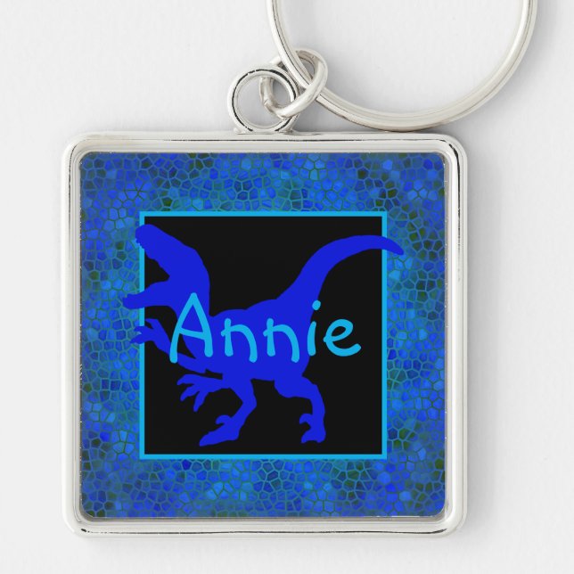 Personalised Blue Dinosaur Hide  Key Ring (Front)
