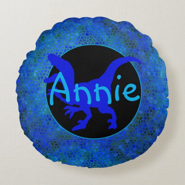 Personalised Blue Dinosaur Hide Round Cushion (Front)