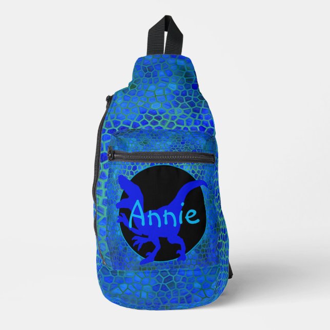 Personalised Blue Dinosaur Sling Bag (Front)