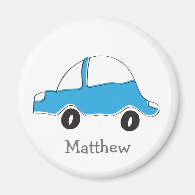 Personalised blue doodle car baby gifts magnet (Front)