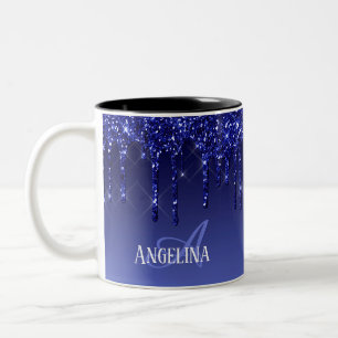 Personalised Blue Dripping Glitter  Two-Tone Coffee Mug