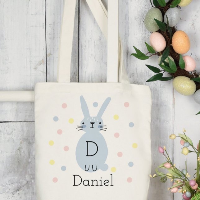 Personalised Blue Easter Bunny Polka Dots Tote Bag (Creator Uploaded)
