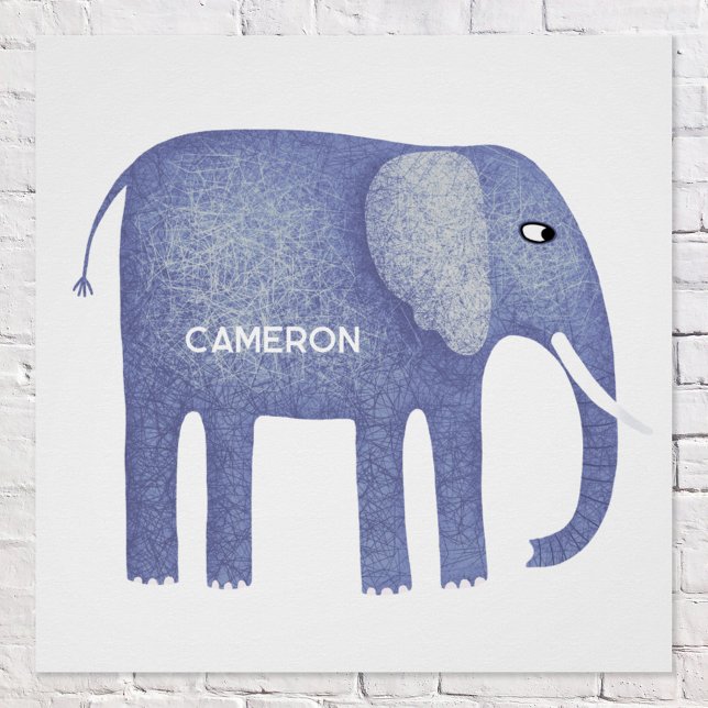 Personalised Blue Elephant Watercolor Poster (Fun personalized kid's name blue elephant nursery decor poster)
