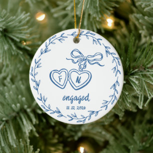 Personalised Blue Engaged Couple Announcement Ceramic Ornament