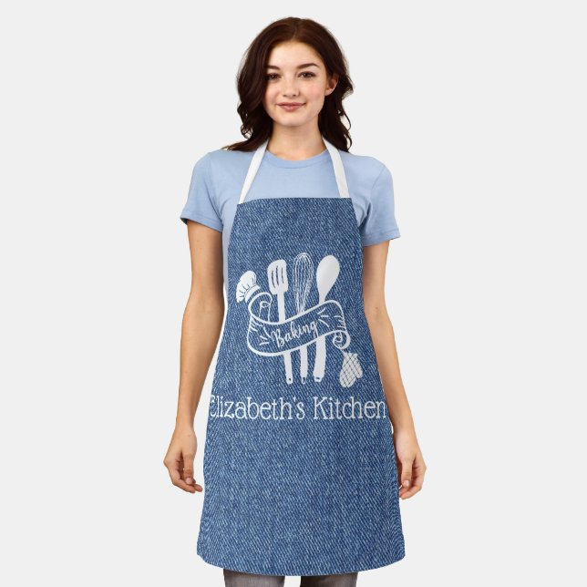 Personalised Blue Faux Denim Baking Utensils Apron (Worn)