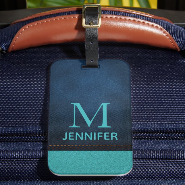 Personalised Blue Faux Leather Monogram Luggage Tag (Front Insitu 2)