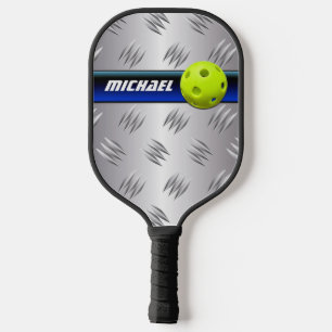Personalised Blue, FAUX Silver Diamond Plate Pickleball Paddle
