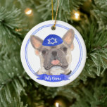 Personalised Blue Fawn Tricolor Frenchie Hanukkah Ceramic Ornament<br><div class="desc">Celebrate your favourite mensch on a bench with a personalised ornament! This design features a sweet illustration of a blue fawn tricolor frenchie or french bulldog with a blue and white yarmulke. For the most thoughtful gifts, pair it with another item from my collection! To see more work and learn...</div>