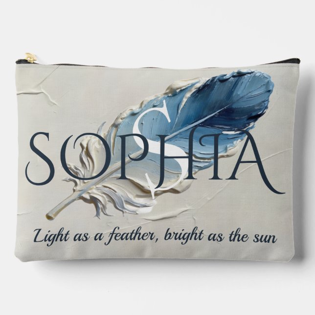 Personalised Blue Feather Custom Name Monogram  Accessory Pouch (Front)