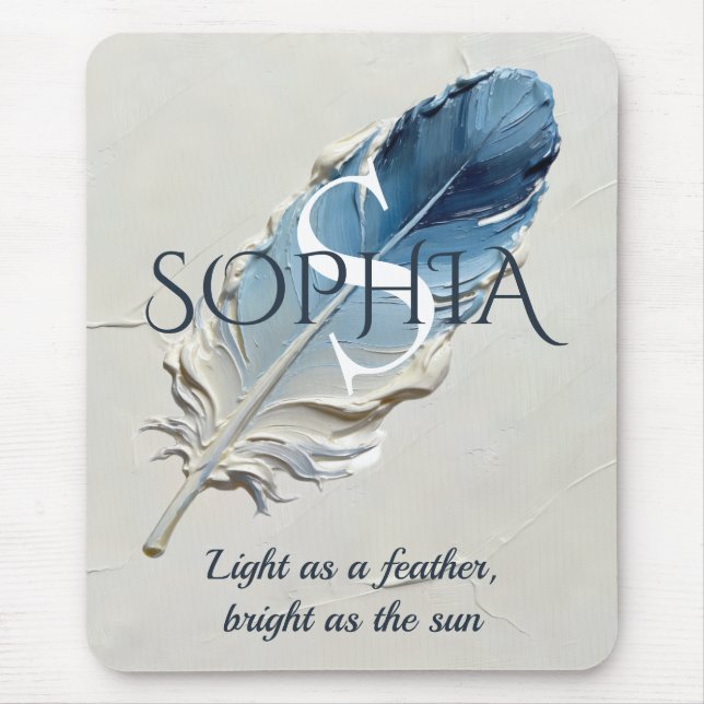 Personalised Blue Feather Custom Name Monogram  Mouse Pad (Front)
