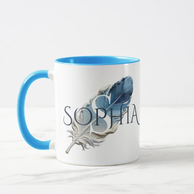 Personalised Blue Feather Monogram Customer Name Mug (Left)