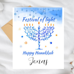 Personalised blue Festival of Light Menorah Holiday Postcard