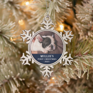 Personalised Blue First Christmas Puppy Photo Snowflake Pewter Christmas Ornament