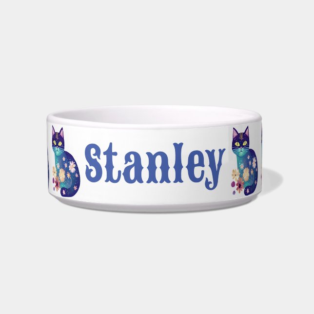 Personalised Blue Floral Cat Bowl (Front)