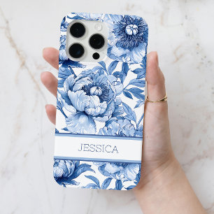 Personalised Blue Floral Chinoiserie Flowers Name iPhone 15 Pro Max Case