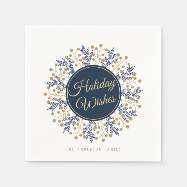 Personalised Blue Floral Christmas Holiday Wishes Napkin (Front)