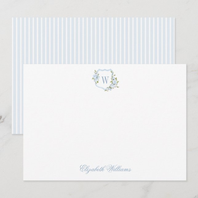Personalised Blue Floral Crest Baby Stationery Thank You Card (Front/Back)