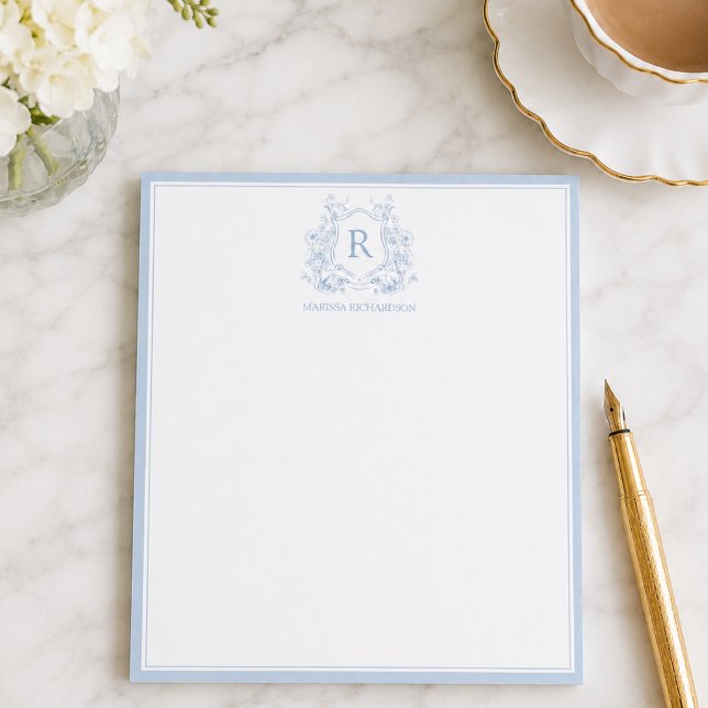 Personalised Blue Floral Crest Notepad (elegant powder blue french toile family crest notepad with custom initial and name)