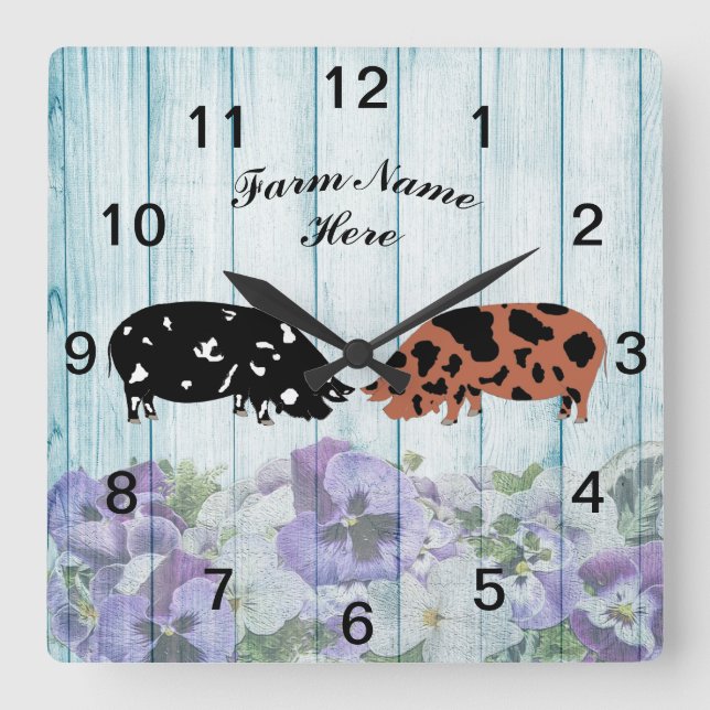 Personalised Blue Floral KuneKune Pig Farm Square Wall Clock (Front)