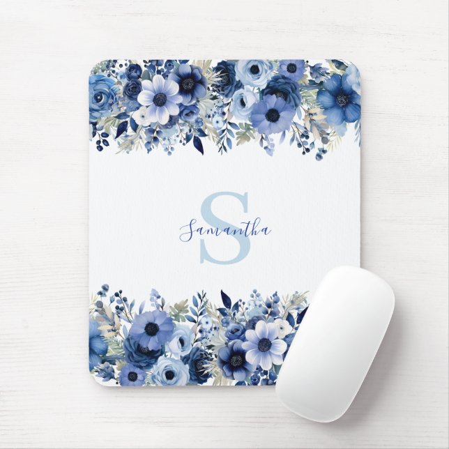 Personalised Blue Floral   Mouse Pad (With Mouse)
