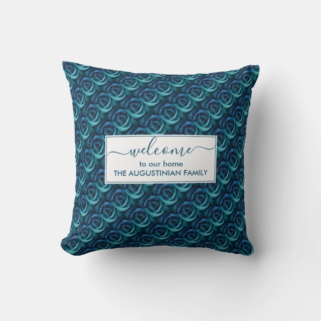 Personalised Blue Floral Rose WELCOME TO OUR HOME  Cushion (Front)