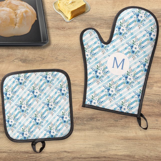 Personalised Blue Floral Stripe Country Kitchen Oven Mitt & Pot Holder Set (A monogrammed oven mitt and pot holder set with blue and white floral stripe and green leaf pattern)