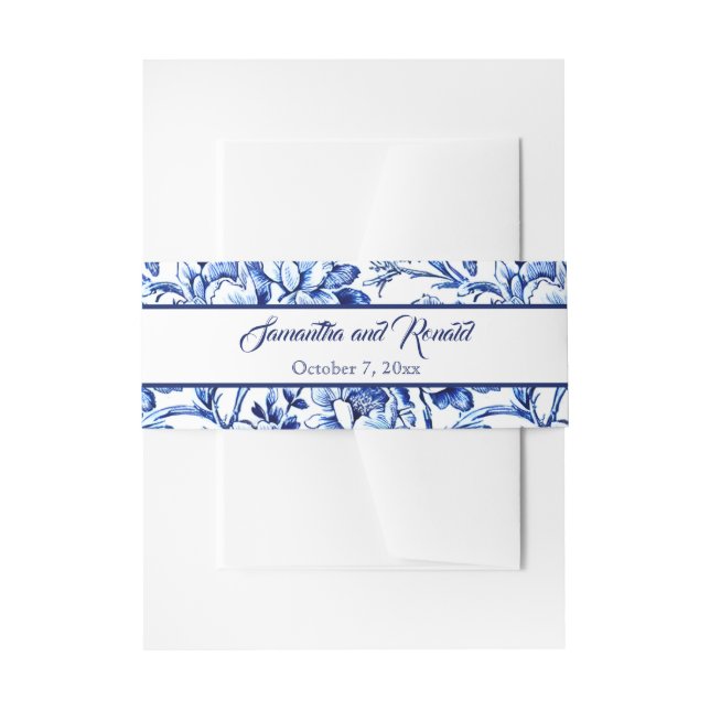 Personalised Blue Floral Toile Wedding Invitation Belly Band (Front Example)