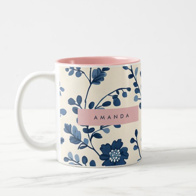 Personalised Blue Floral Vine Style Two-Tone Coffee Mug (Left)