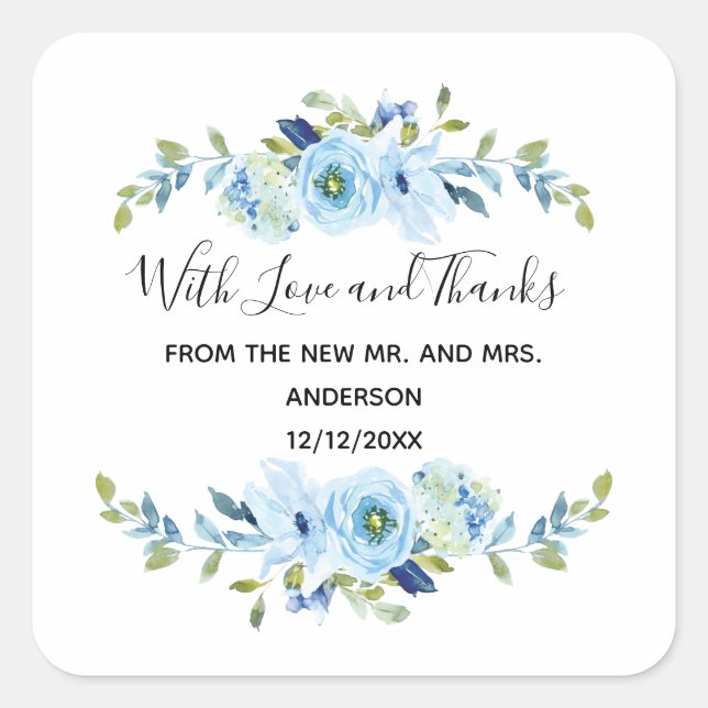 Personalised Blue Floral Wedding Favour   Square Sticker (Front)