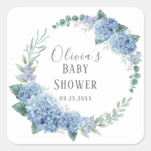Personalised Blue Floral Wreath Baby Shower Square Sticker