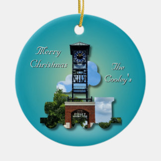 Personalised (Blue) Foley Clock Tower & Train  Ceramic Ornament