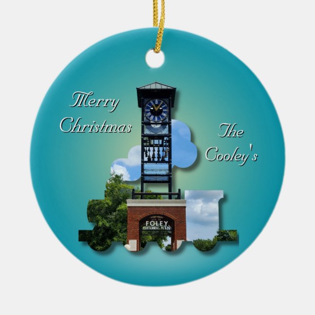Personalised (Blue) Foley Clock Tower & Train  Ceramic Ornament (Front)