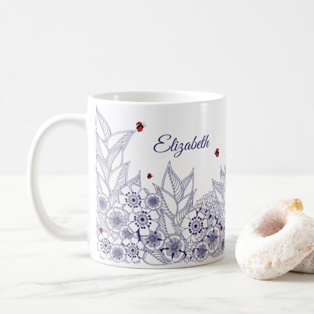 Personalised Blue Folk Art Botanical Mug (With Donut)