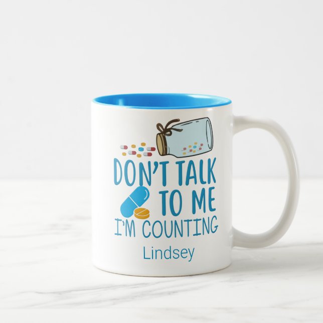 Personalised Blue Funny Pharmacist/ Tech Coffee Two-Tone Coffee Mug (Right)