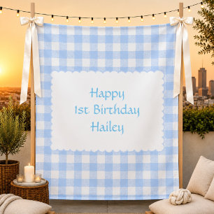 Personalised Blue Gingham Birthday Custom Party Tapestry