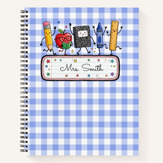 Personalised Blue Gingham Teacher Notebook (Front)