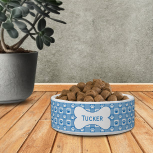 Personalised Blue Gingham with Paw Prints and Bone Bowl