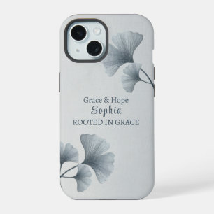 Personalised Blue Ginkgo Leaf Custom Name iPhone 15 Case