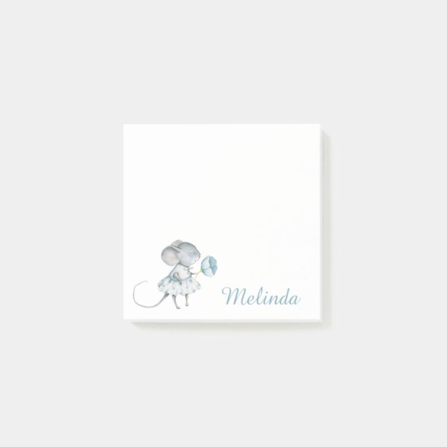 Personalised Blue Girl Mouse Flower Post-it Notes (Front)