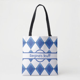 Personalised Blue Glass and White Harlequins Tote Bag