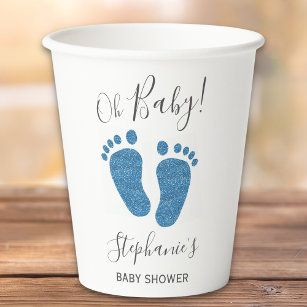 Personalised Blue Glitter Baby Feet Baby Shower Paper Cups