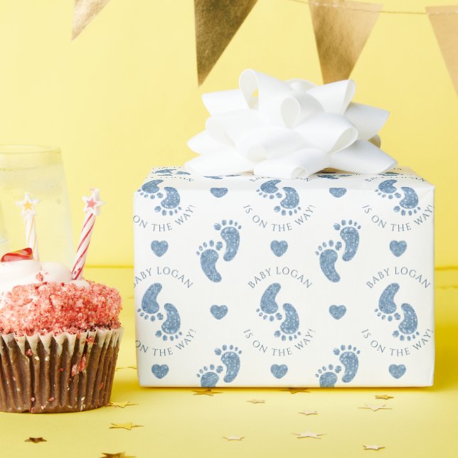 Personalised Blue Glitter Baby Feet Baby Shower Wrapping Paper (Birthday Party)