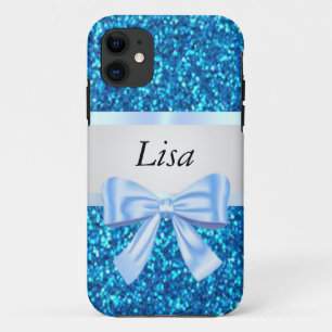 Personalised Blue Glitter Blue Bow iPhone 11 Case